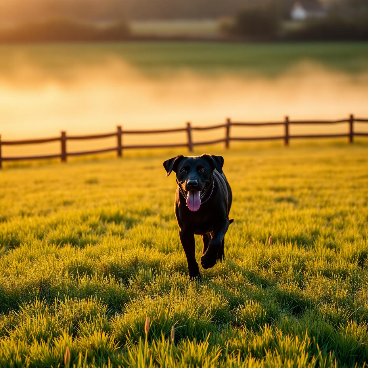 Black labrador running in fenced field