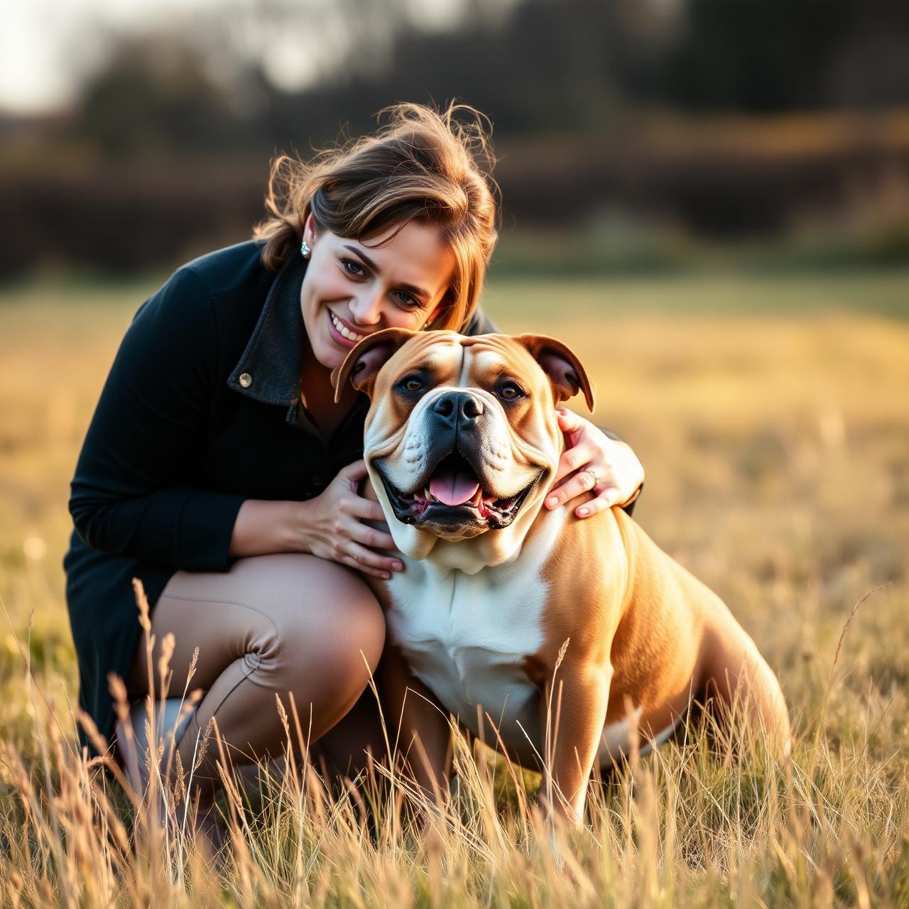 Owner hugging XL bully in field