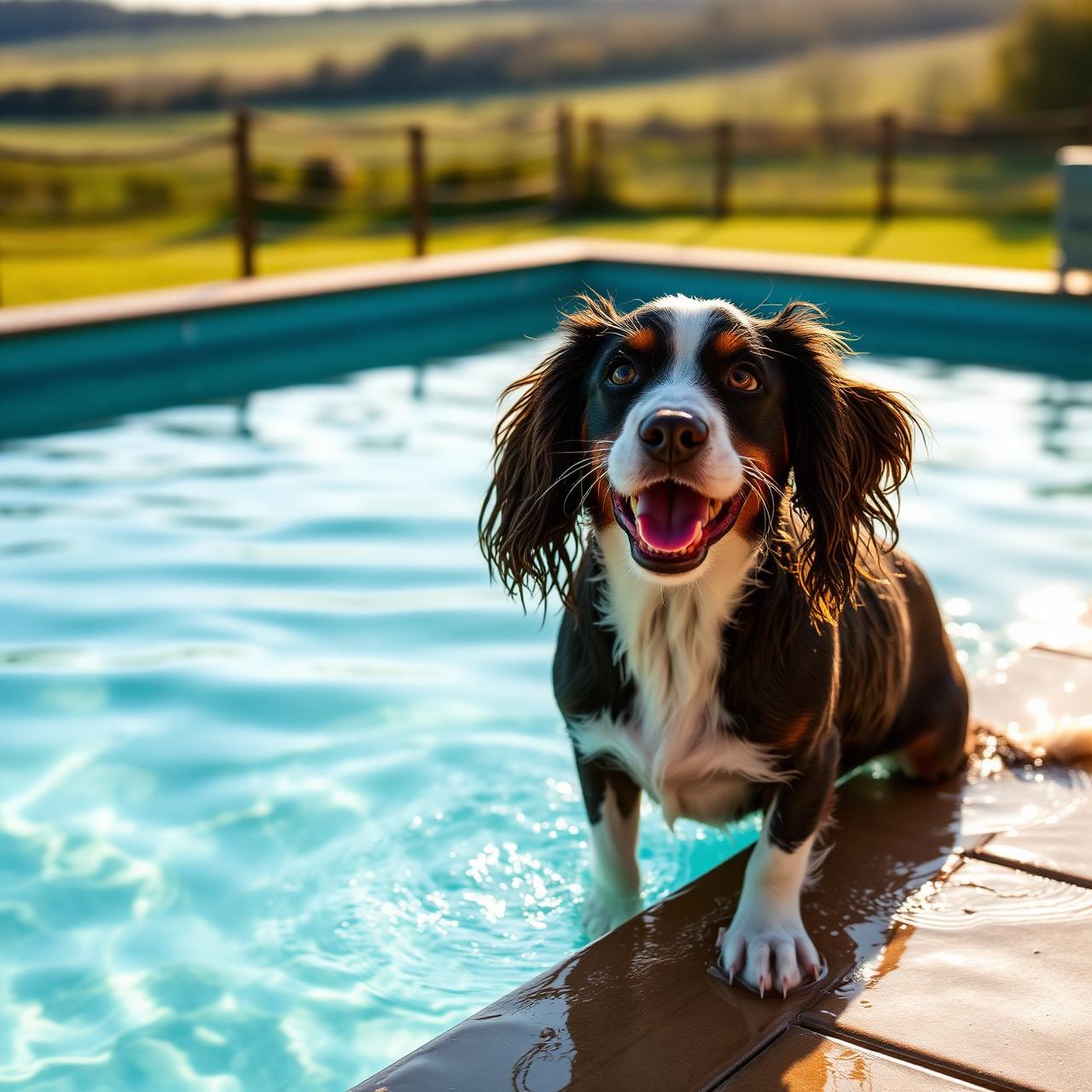 Spaniel beside pool