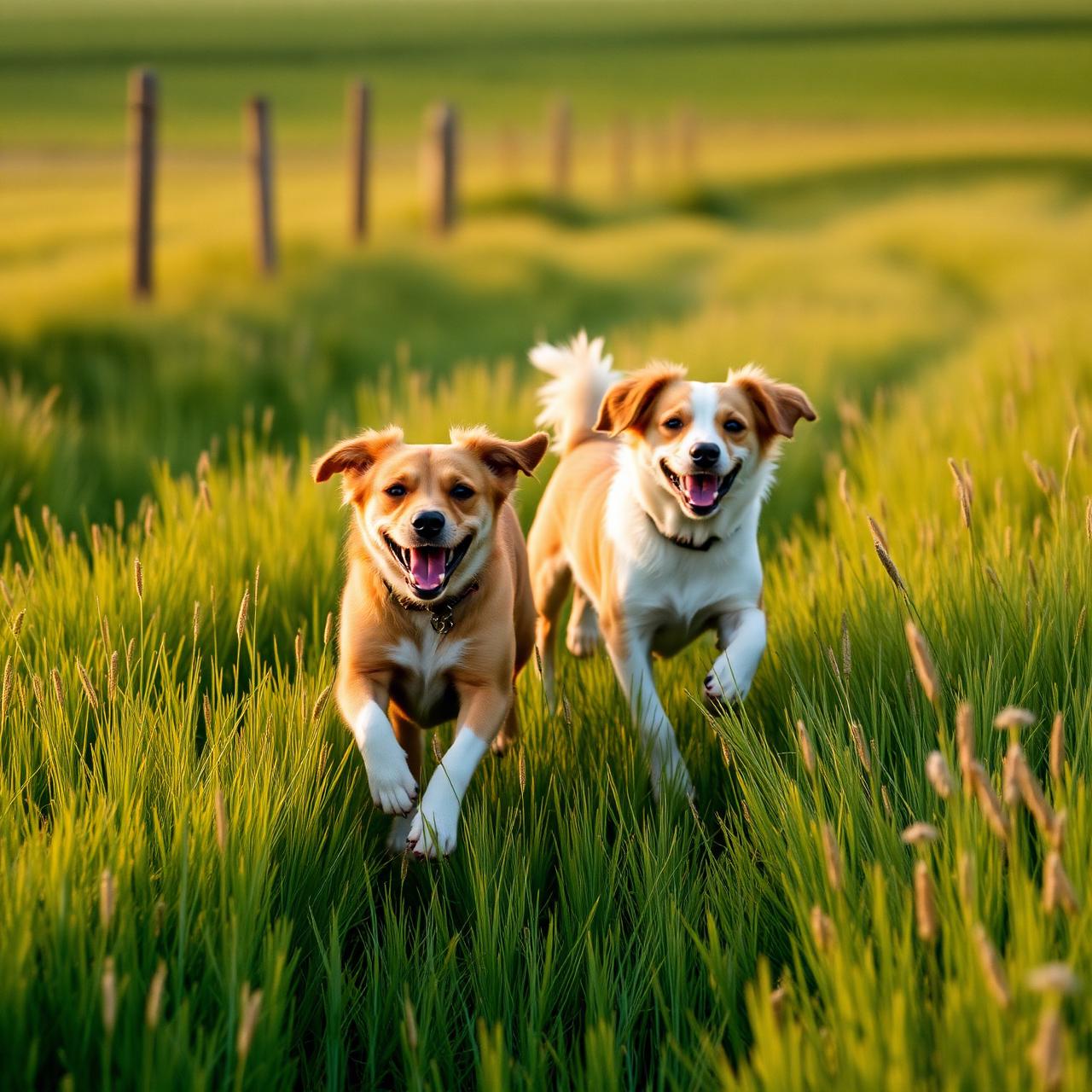 Two dogs running through grass